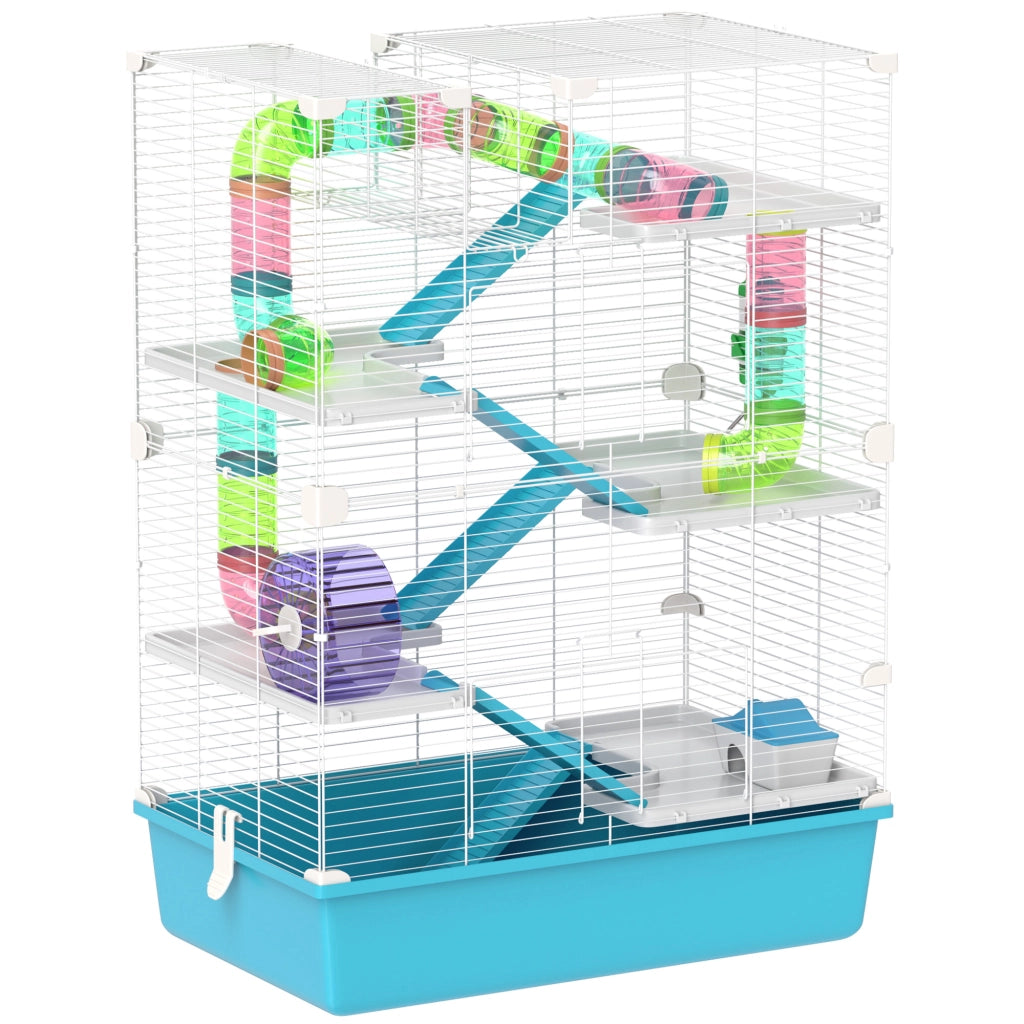 Gabbia per criceti a sei livelli con torri doppie; tubi e accessori in plastica azzurro chiaro 58 × 36 × 81 cm