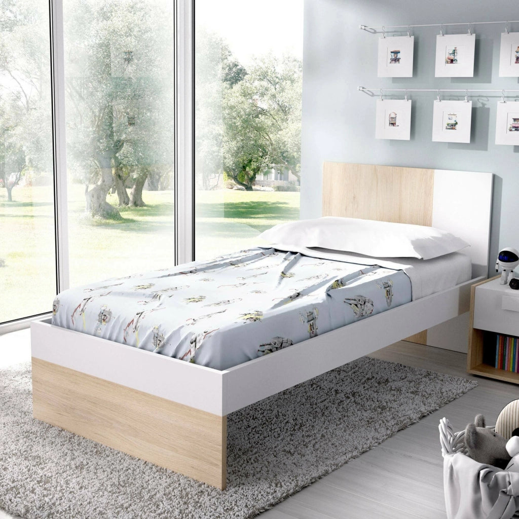 Letto per bambini Allegruze, Struttura con secondo lettino estraibile, Letto singolo per cameretta, 196x97h79 cm, Bianco e Rovere
