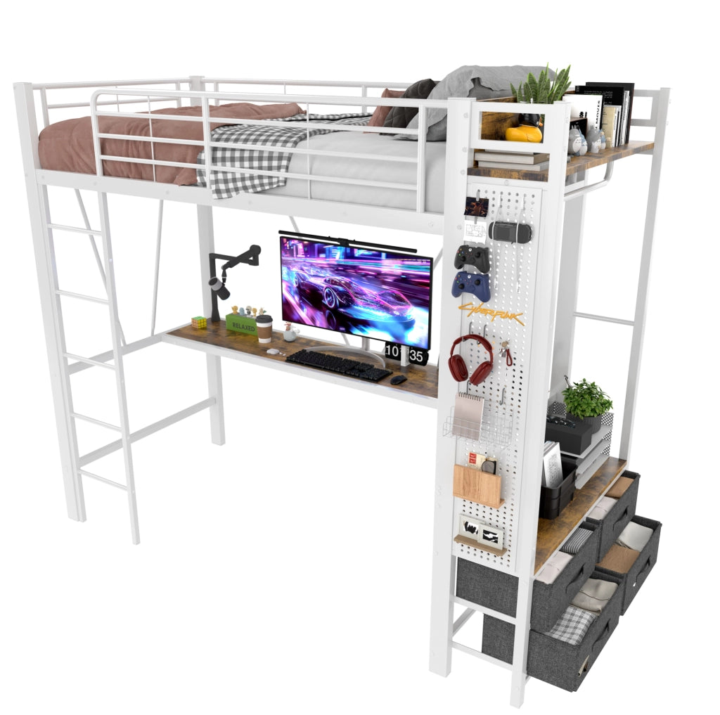 Letto a castello con scrivania 90x200 cm, struttura in ferro bianca con 4 cassetti, LED, prese USB e Tipo-C, ripiani e appendiabiti, senza materasso