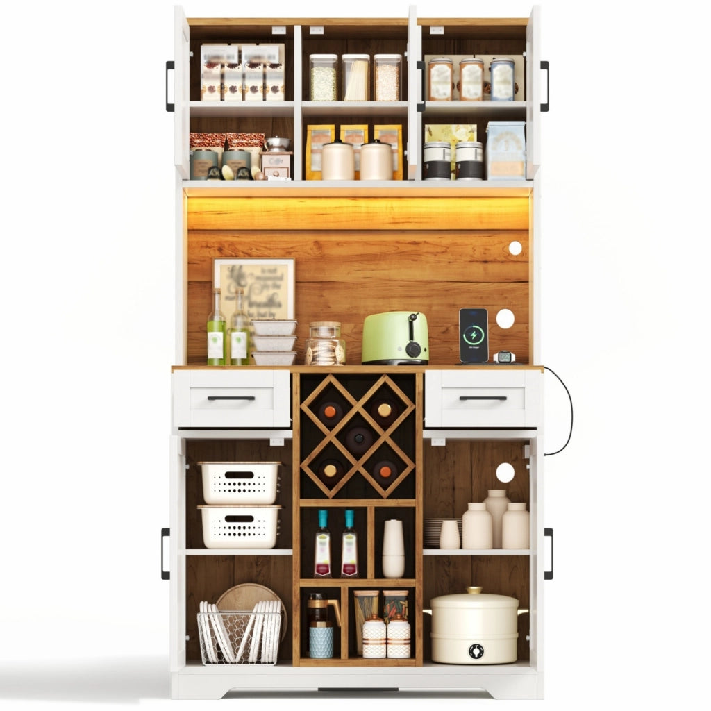 Credenza da cucina LED con 2 cassetti, portabottiglie e prese, in MDF naturale e bianco, 105 × 40 × 180 cm