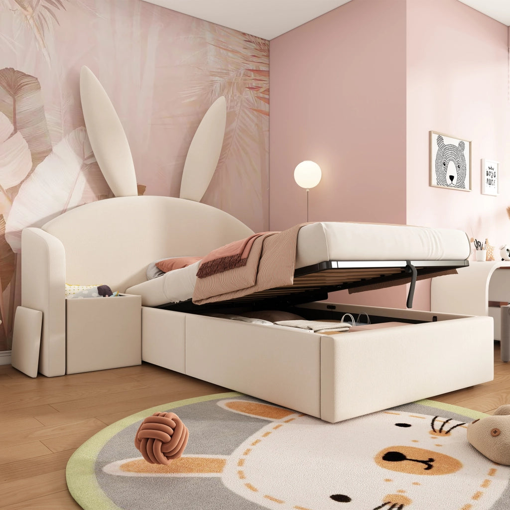 Letto imbottito 90x190 per bambini in velluto beige con testiera a orecchie da coniglio e comodino