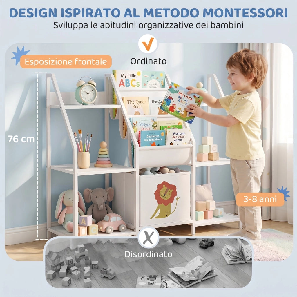 Libreria Montessoriana per Bambini 3-8 Anni con 3 Ripiani in Tessuto, Scomparti in Legno e Cassetto, Bianco