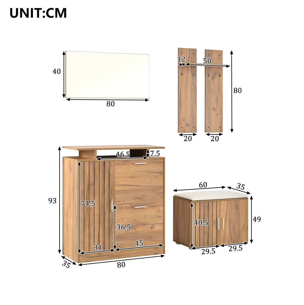 GARDEROBA DA INGRESSO con panca, scarpiera, specchio e ganci 140x35x133 cm natural