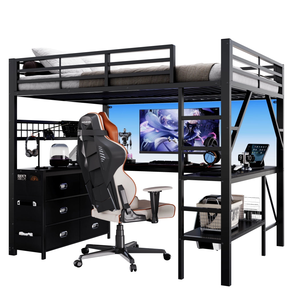 Letto a soppalco 140 × 200 cm con scrivania a U cassetti scaffale LED in metallo e MDF nero