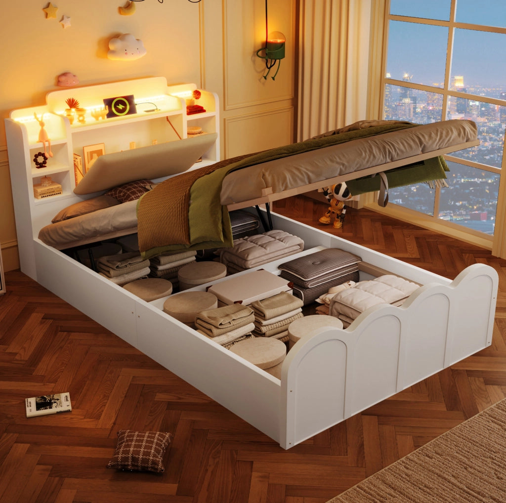 Letto singolo contenitore 90x200 cm in legno di pino bianco con LED; USB e USB-C