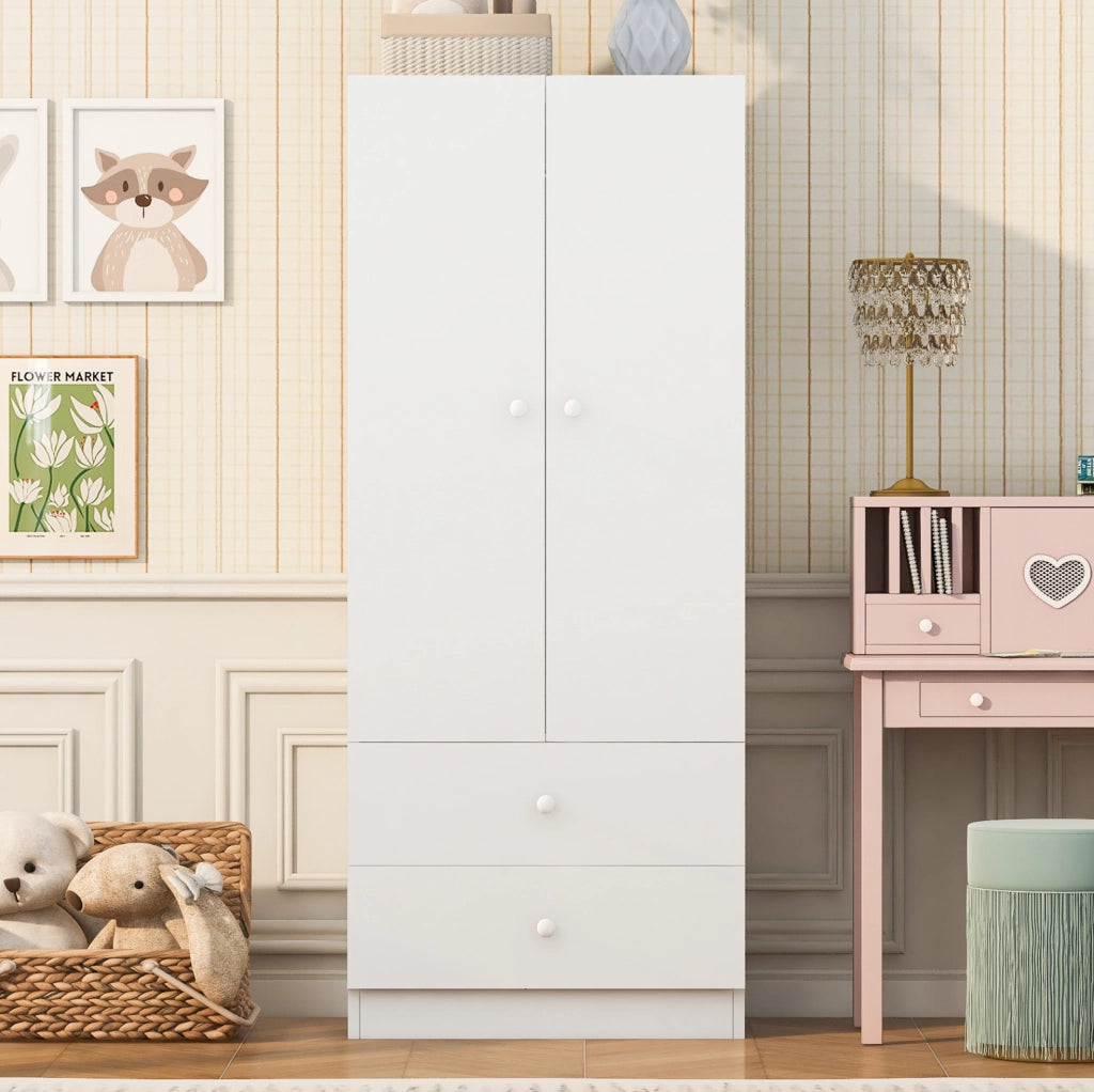 Armadio singolo 70x40x170 cm con due cassetti, design bicolore bianco e rosa
