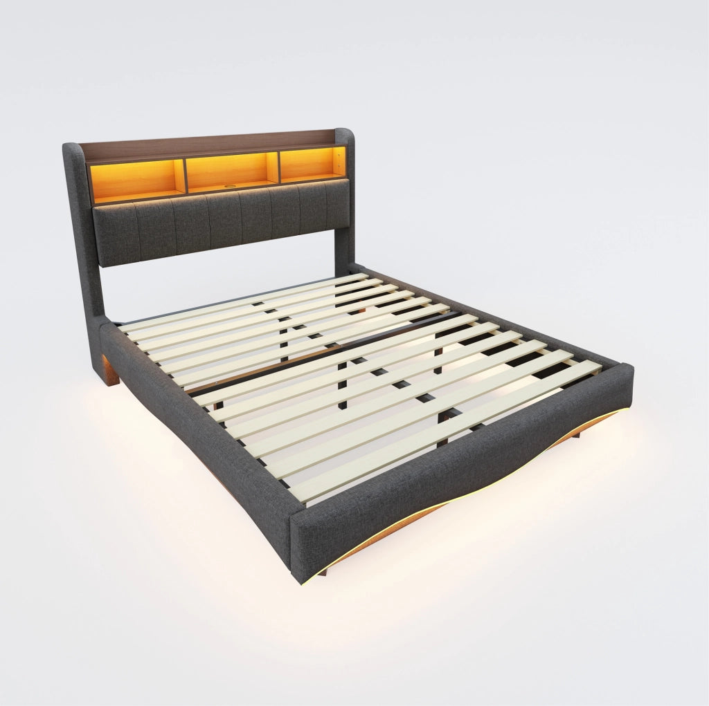 Letto imbottito sospeso con LED; USB e Type-C; 160 x 200 cm; grigio