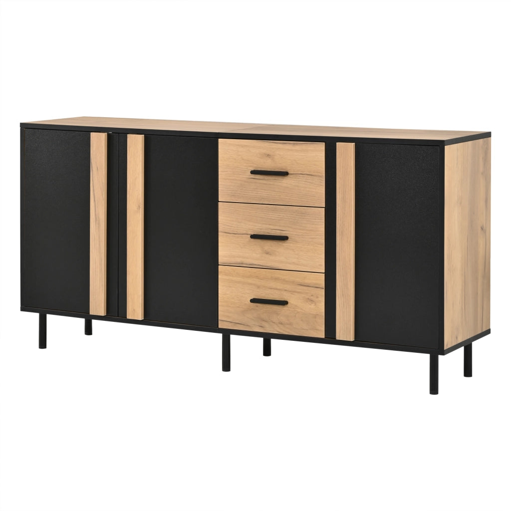 Credenza e madia con 3 ante e 3 cassetti, 6 gambe in metallo, per soggiorno, in MDF nero e legno, 140 × 35 × 70 cm