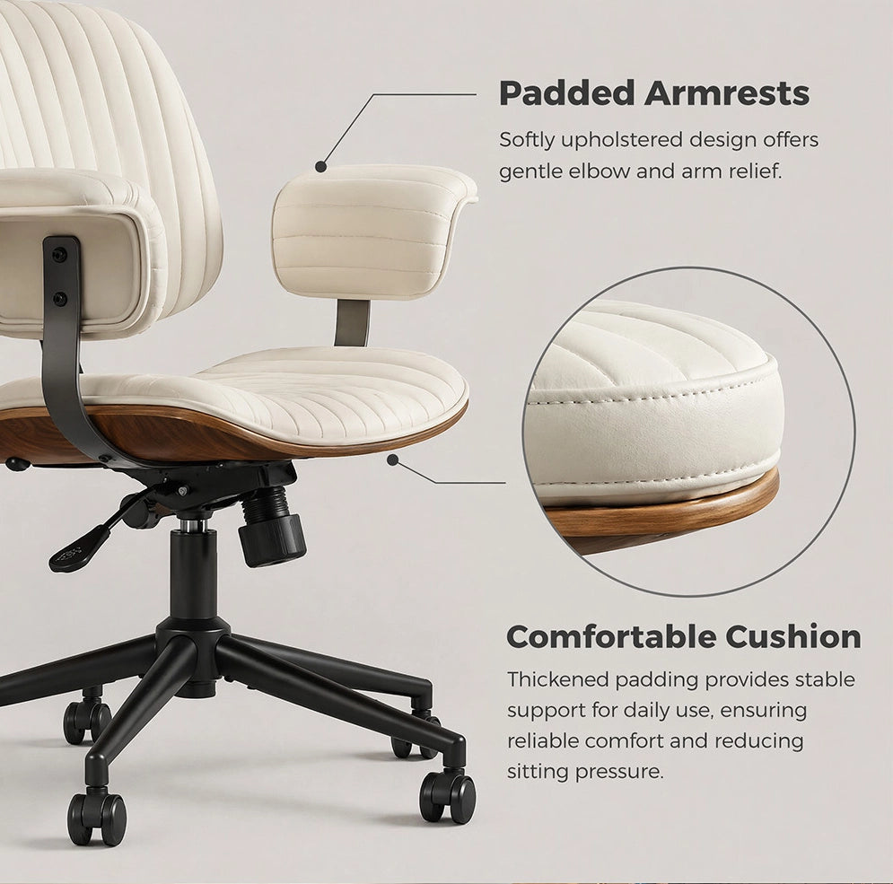 Sedia da ufficio girevole 360° con ruote e braccioli imbottiti; beige