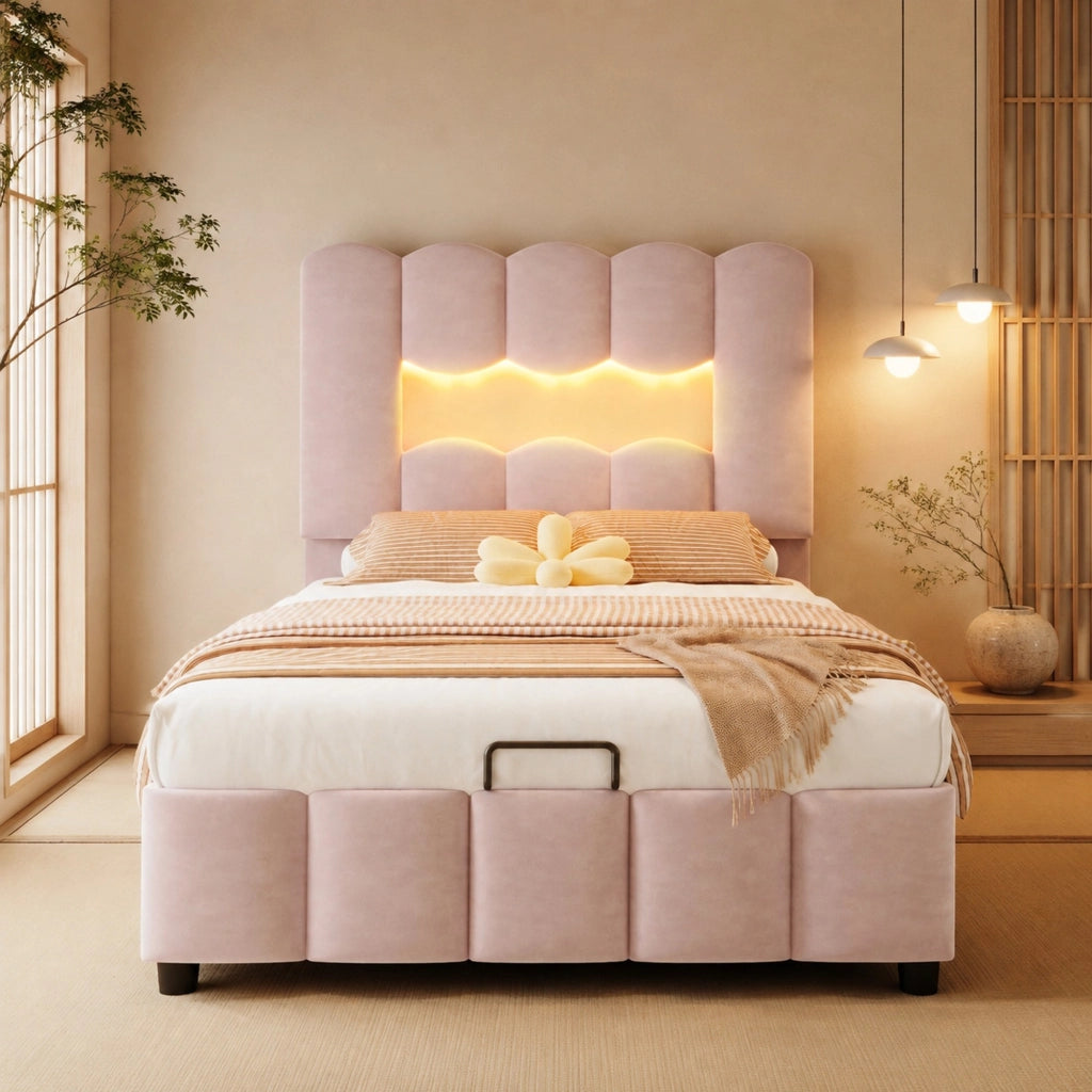 Letto singolo 90x200 cm con contenitore idraulico e LED in velluto rosa