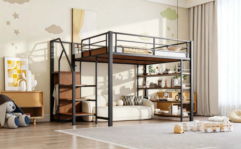 Letto a soppalco 140 × 200 cm con scala contenitore armadio e ripiani in metallo nero