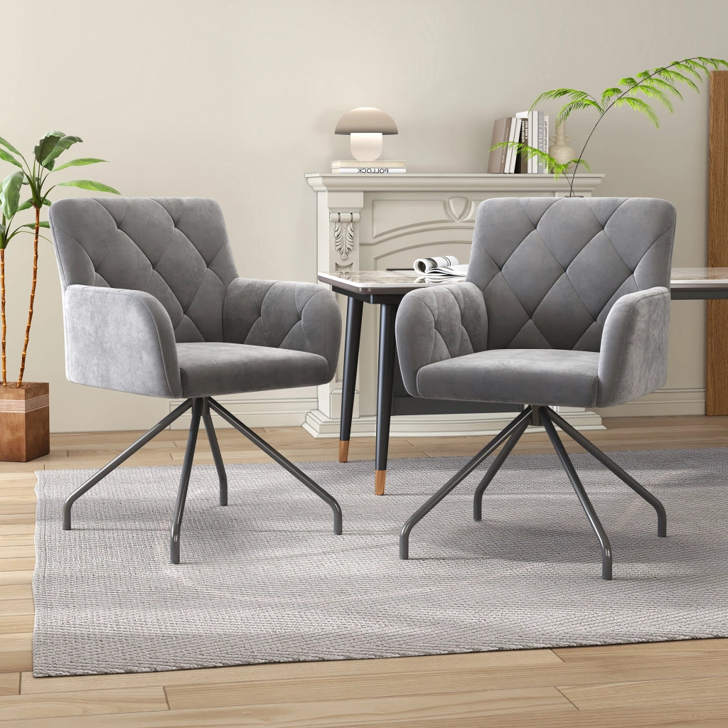Sedia da sala da pranzo set di 2 con braccioli e schienale ergonomico, in velluto e metallo grigio chiaro
