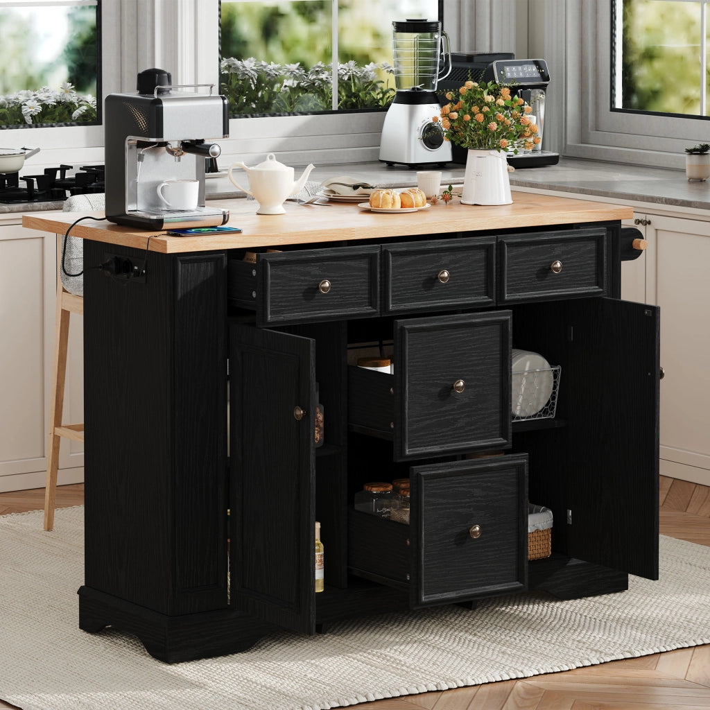 Mobile contenitore da cucina con piano pieghevole, 5 cassetti e prese integrate, in MDF nero, 130,5 × 40-65 × 92 cm