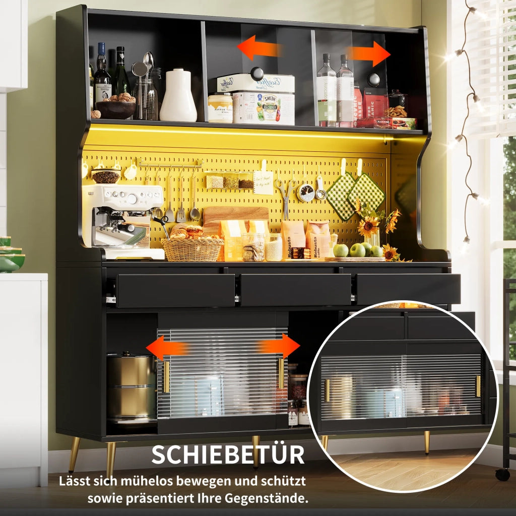 Mobile alto moderno nero 145x39x171 cm con illuminazione LED e controllo app, 1 cassetto, ripiano portaoggetti e pannello forato, per cucina o sala da pranzo