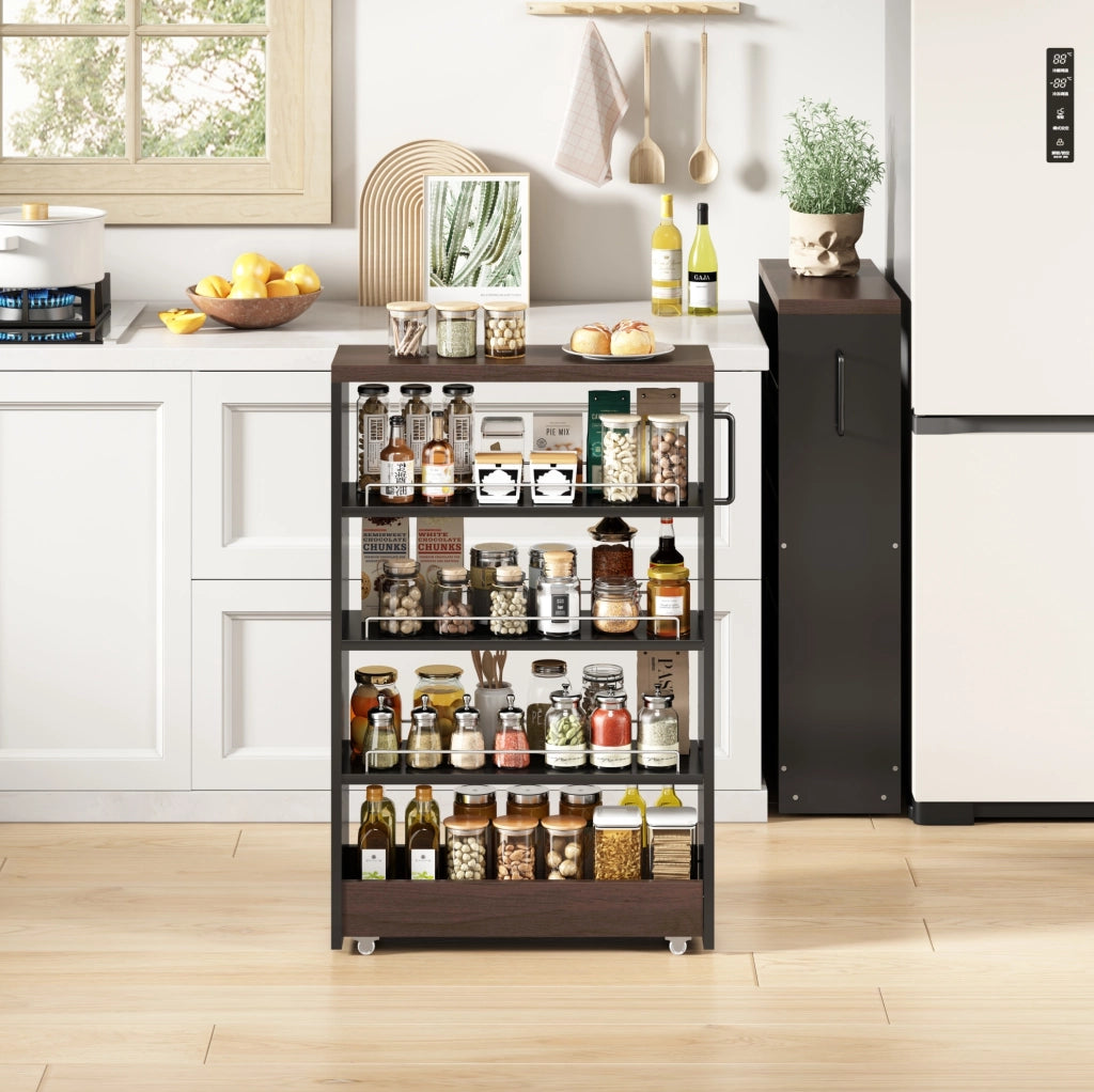 Carrello Slim con 4 Ripiani Regolabili, 20 cm di Larghezza, Nero con Piano Effetto Legno Marrone, 55x20x85 cm, per Cucina e Bagno