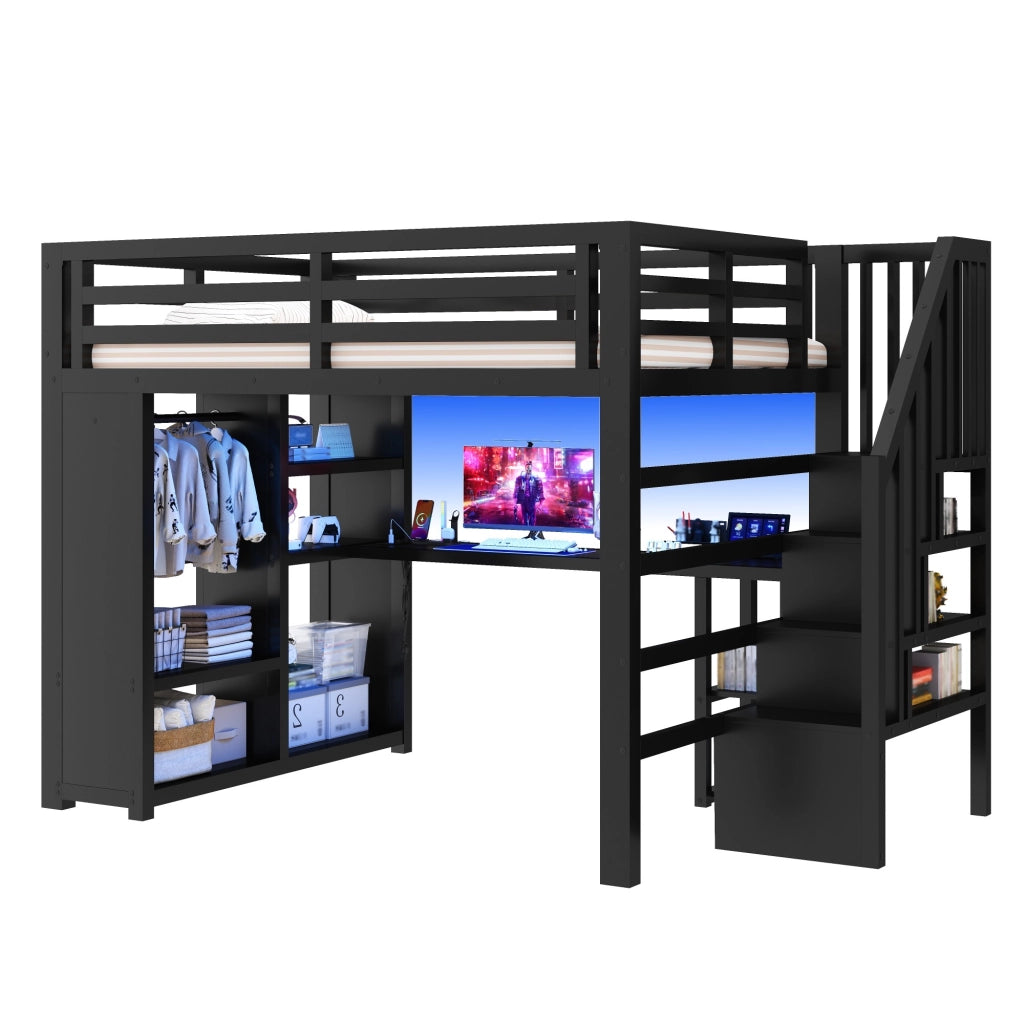 Letto a Soppalco 140x200 cm con Scrivania; Armadio; LED; USB; Scala e Sponde; Nero
