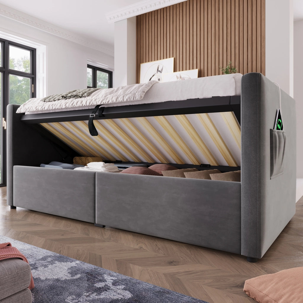 Divano letto imbottito 90x190 cm in velluto grigio con contenitore; USB e Type-C
