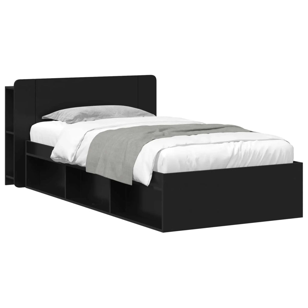 Letto singolo | Letto per adulti | Telaio del letto con storage con testiera Nero 90 x 200 cm
