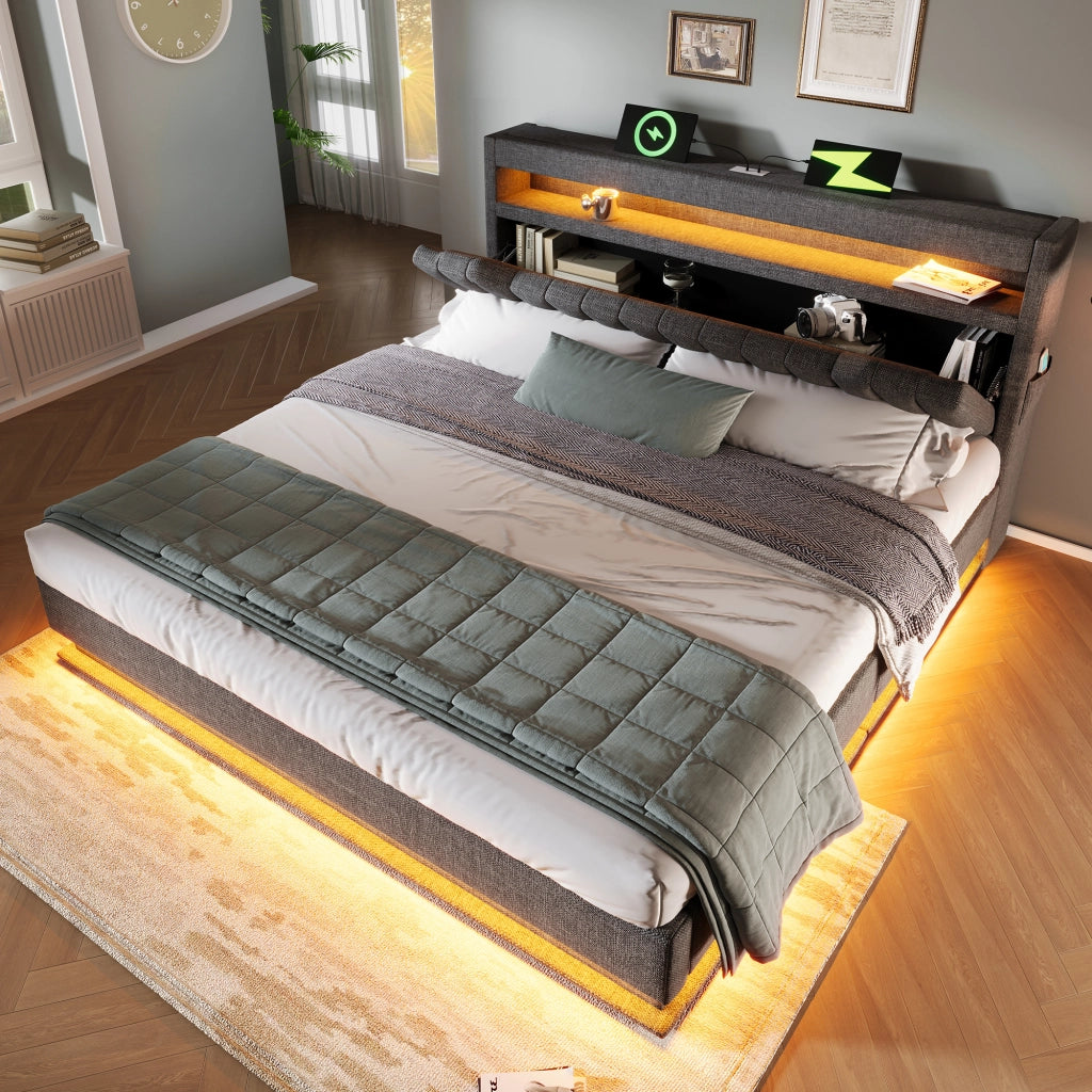 Letto contenitore 160 × 200 cm con testiera di ricarica LED e vano idraulico in lino grigio con materasso