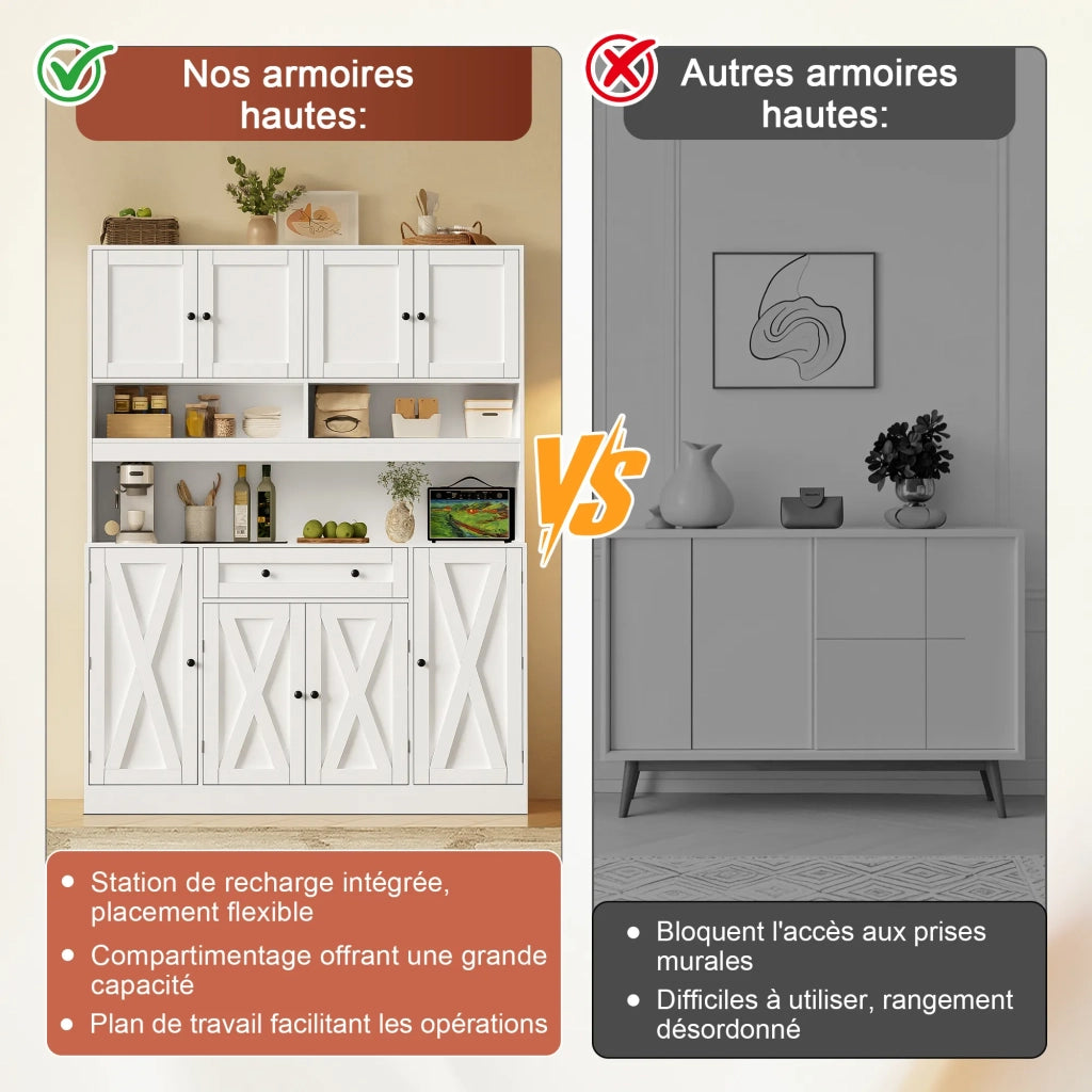 Credenza da cucina stile country, cremobianco, 140x40x185 cm, con piano di lavoro e presa elettrica. Grande armadio con cassetto, ripiani regolabili e vani porta