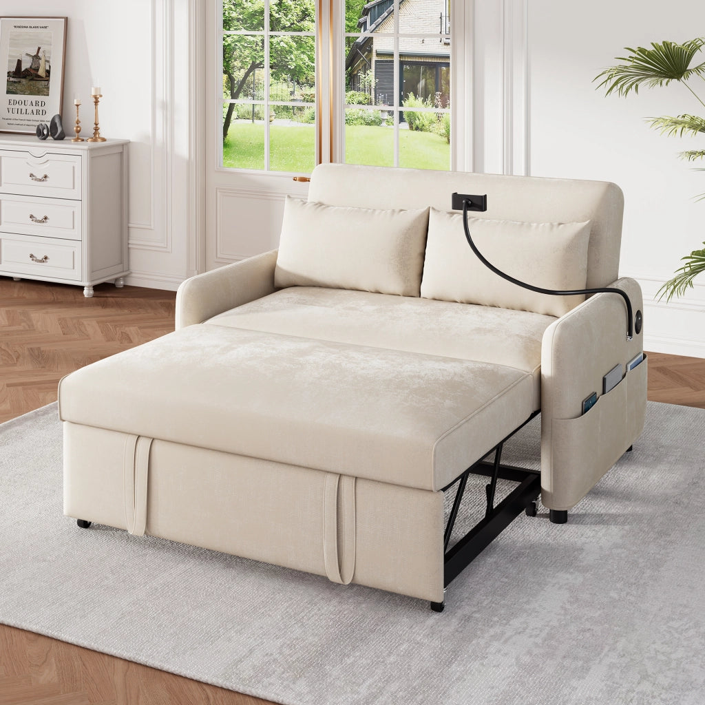 Divano letto estraibile a 2 posti con schienale reclinabile; USB; tasche laterali; beige