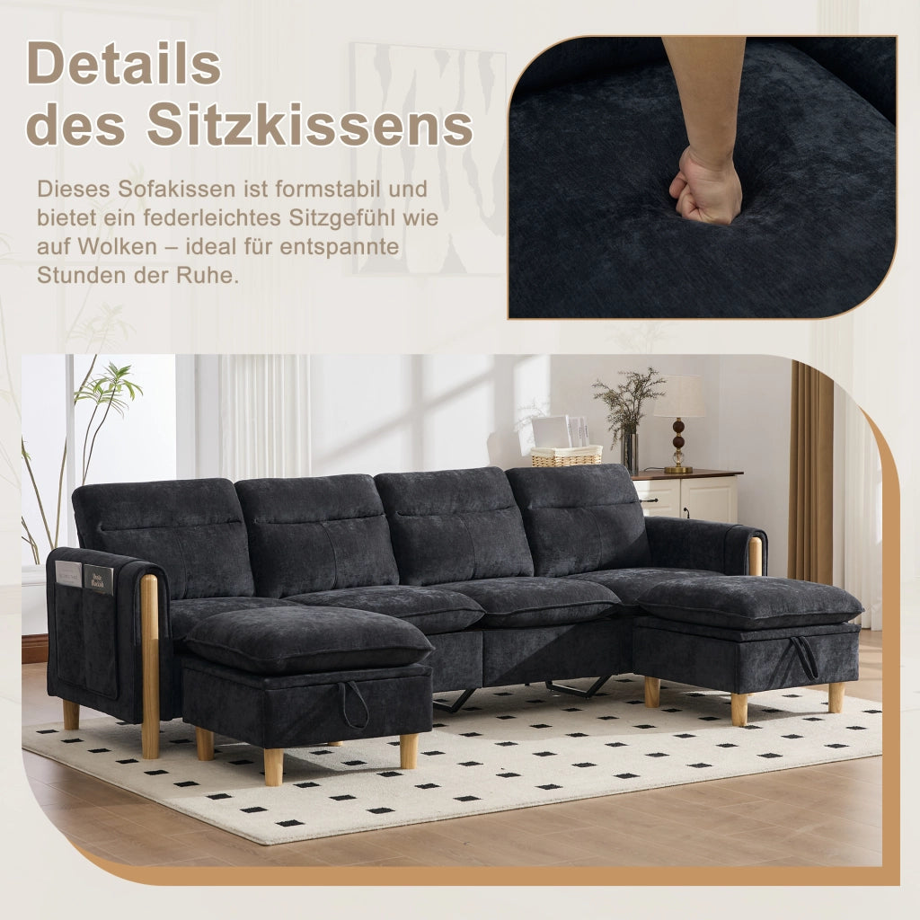 Divano modulare 4 posti - con 2 pouf contenitore e tasche laterali - in chenille nero