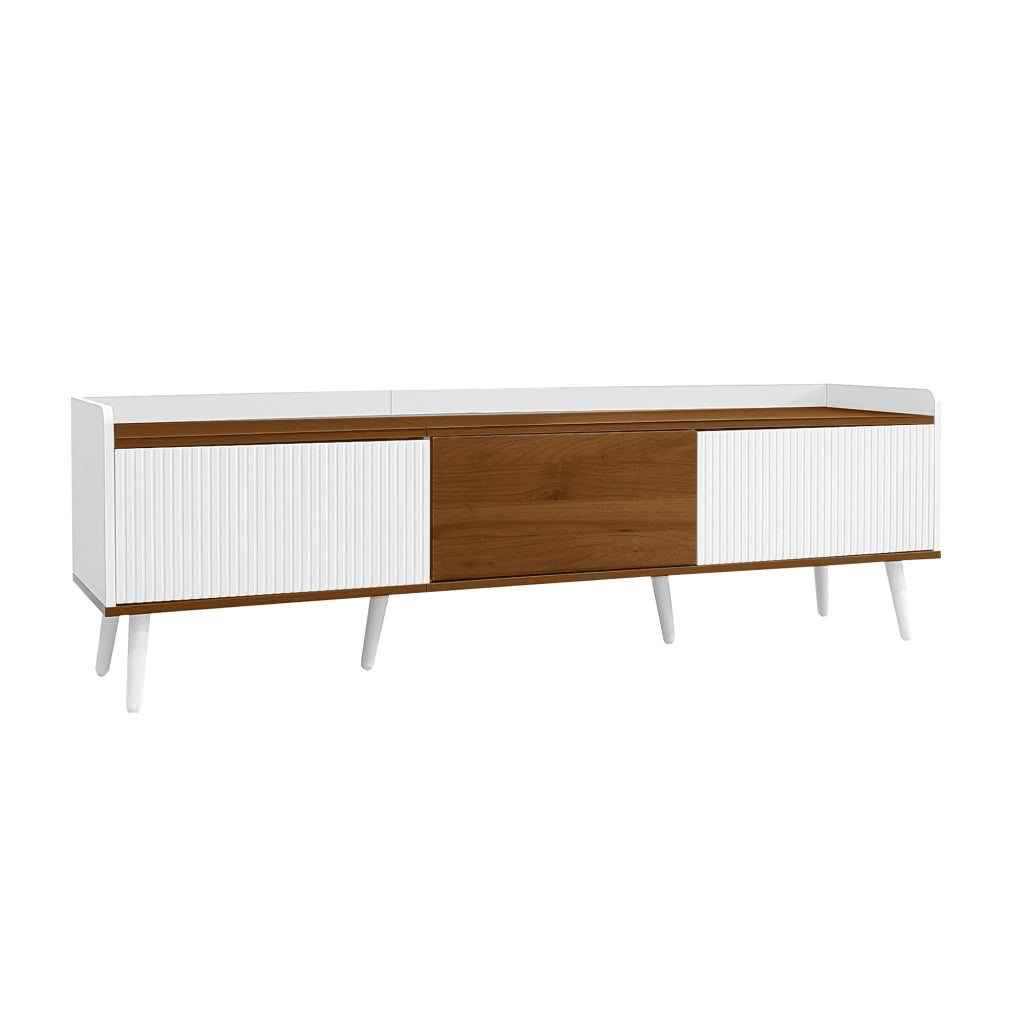 Mobile TV a 3 ante con struttura compatta, finitura bianco e legno naturale, 160 x 39 x 49,5 cm