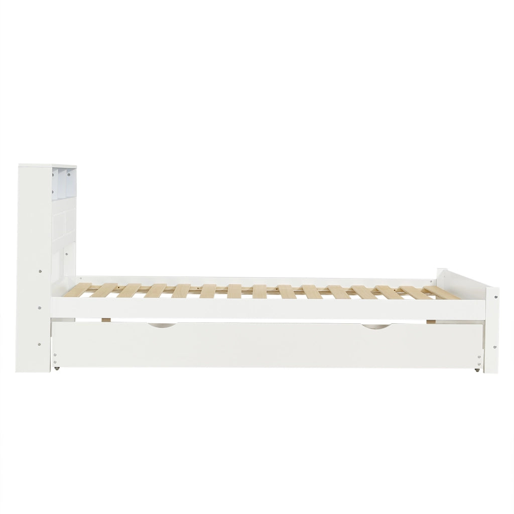 Letto matrimoniale con letto estraibile, testiera con presa di ricarica, luci LED e contenitore, bianco, 214x128,5x91,5 cm