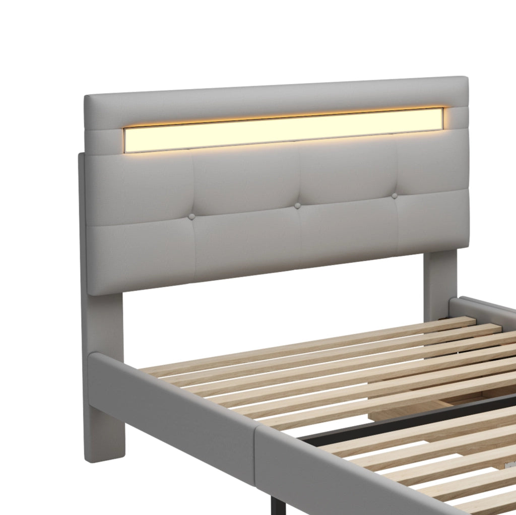 Letto imbottito 90x200 cm con LED e 2 cassetti; grigio