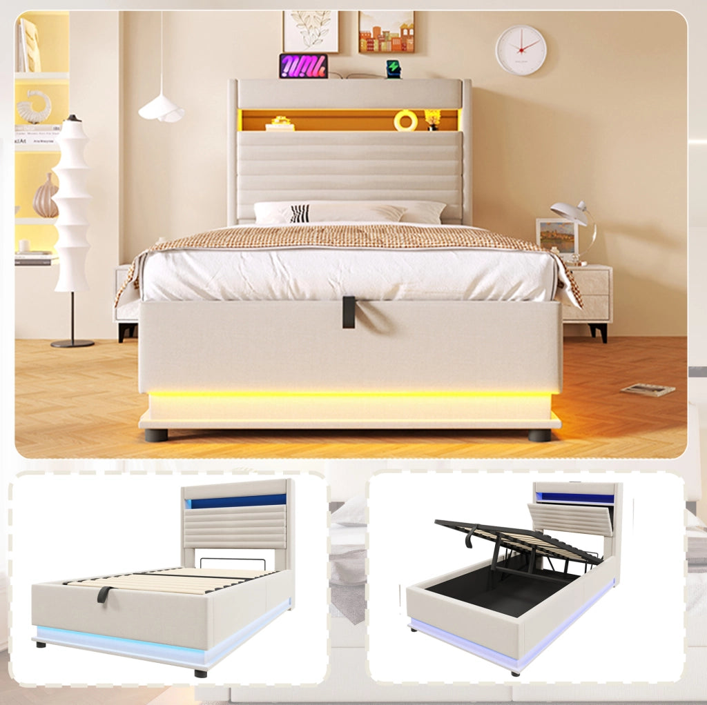Letto imbottito 90x200 cm con contenitore idraulico, LED e porte USB/Type-C, beige