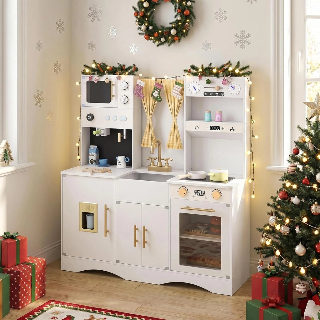 Set da Cucina per Bambini, in Legno, per Bambini 3+ Anni (Bianco)
Cucina Giocattolo con Microonde, Macchina del Caffè, Cucinetta Giocattolo con Tende, 102 x 35 x 110 cm