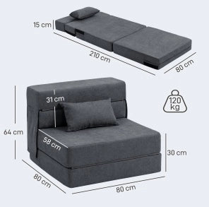 Poltrona Relax 3 in 1 con funzione letto, rivestimento in flanella grigio scuro, con cuscino lombare, ideale per soggiorno