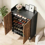 Armadio Vintage in Legno per Scarpe con 7 Ripiani Regolabili e 2 Ante, Organizer Rustico per Ingresso
