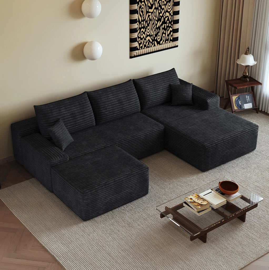 Divano modulare angolare da 270 cm con chaise longue a L in velluto a coste nero, senza montaggio