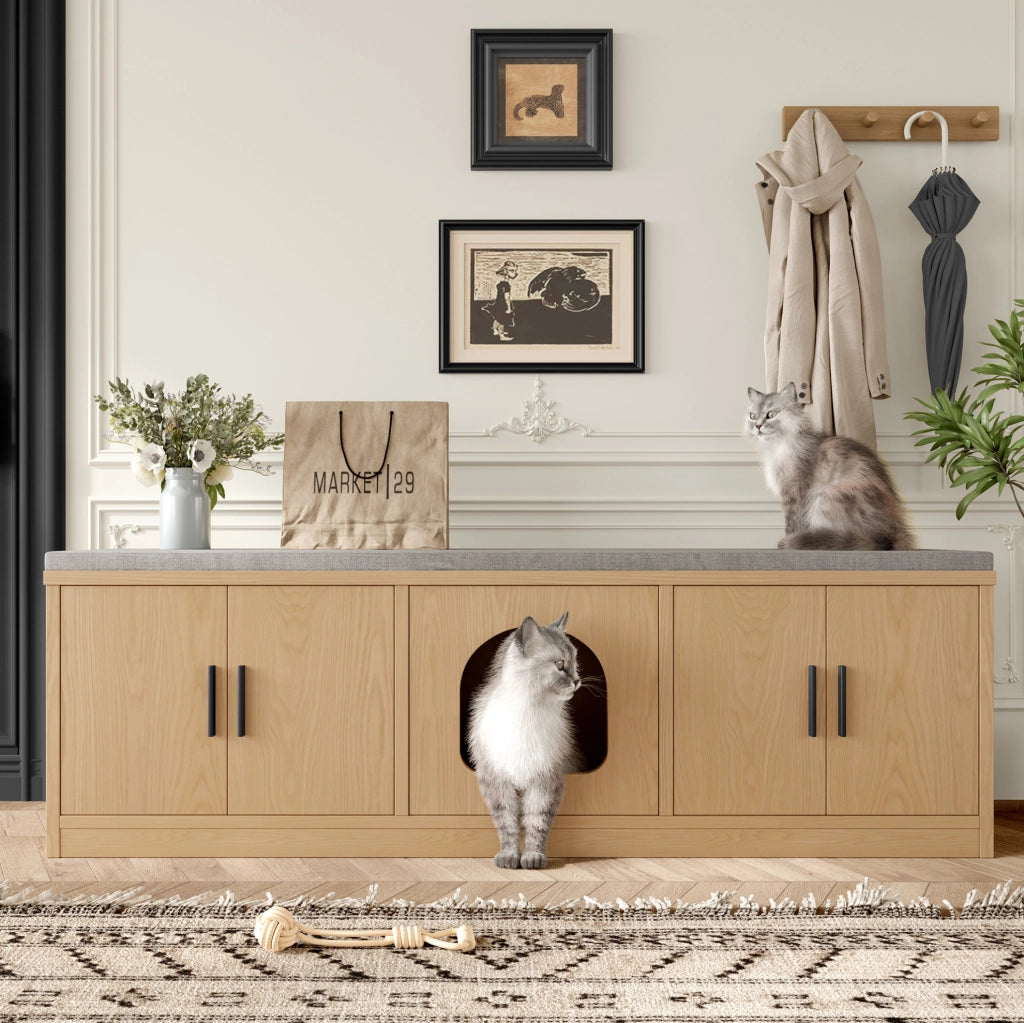 Mobile per lettiera per gatti 140x40x45;5 cm con ripiani regolabili e tappetino tiragraffi; rovere