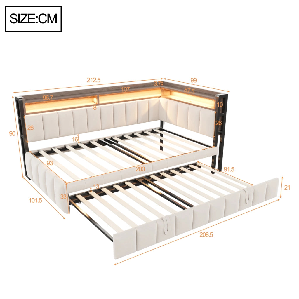 Letto estraibile 2 posti 90 x 200 e 90 x 190 cm con LED e USB/USB-C, divano letto in velluto beige con vani integrati