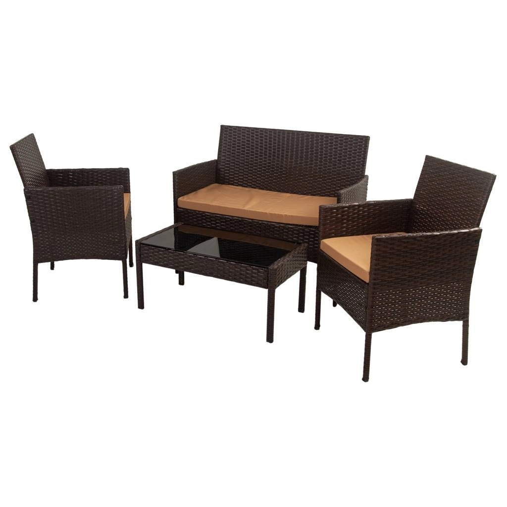 Set tavolo, divano e 2 poltrone marroni