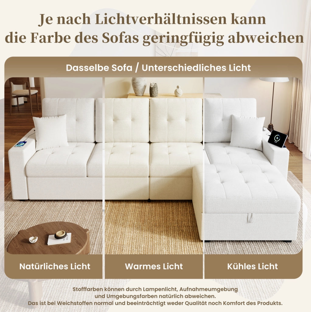 Divano 4 posti con pouf contenitore, USB e Type-C, LED, beige