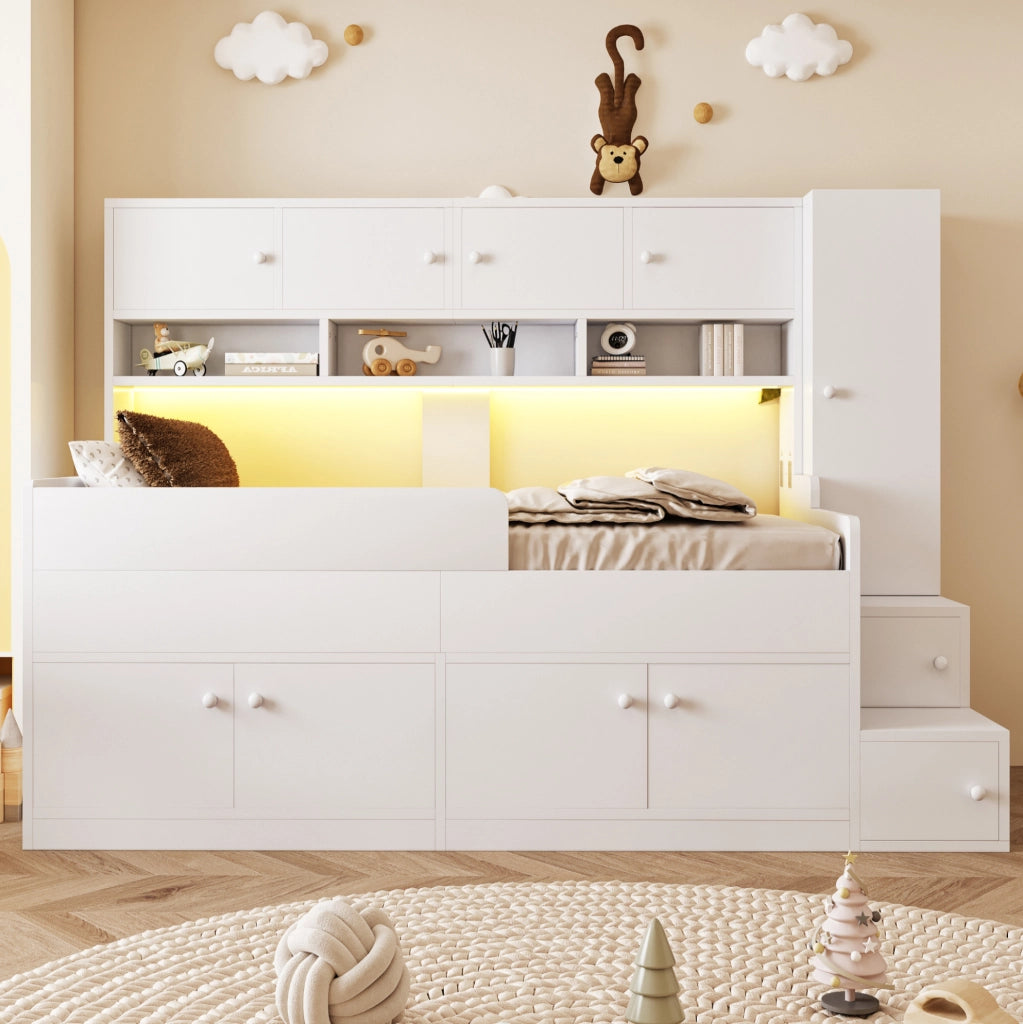 Letto per bambini 90x200 cm in legno; con contenitori; scaffali e LED; bianco