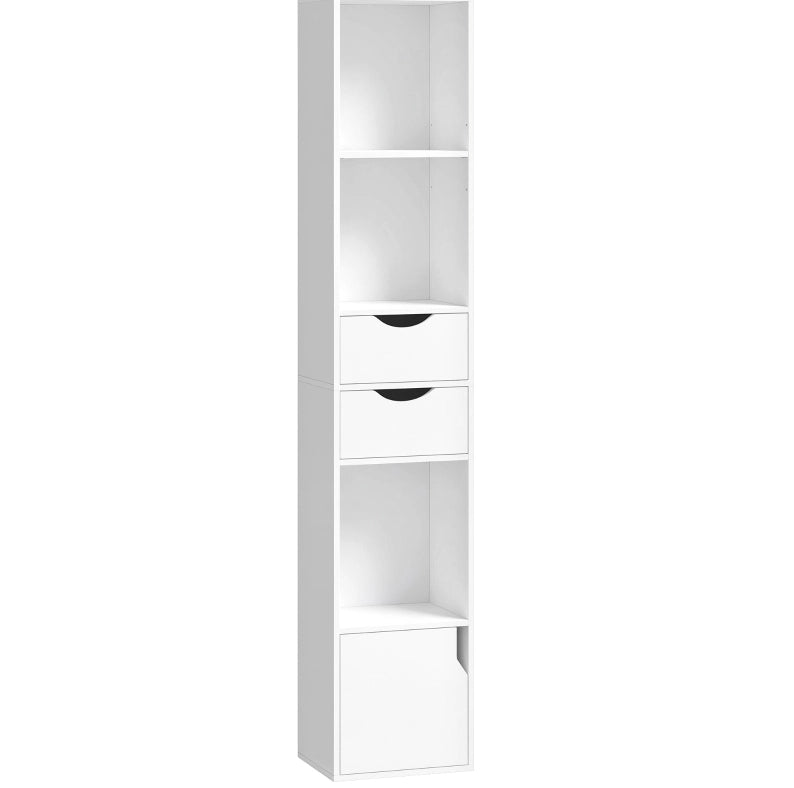 Libreria stretta bianca con 2 cassetti e 3 ripiani aperti, 30x24x158 cm, per ufficio e camera da letto