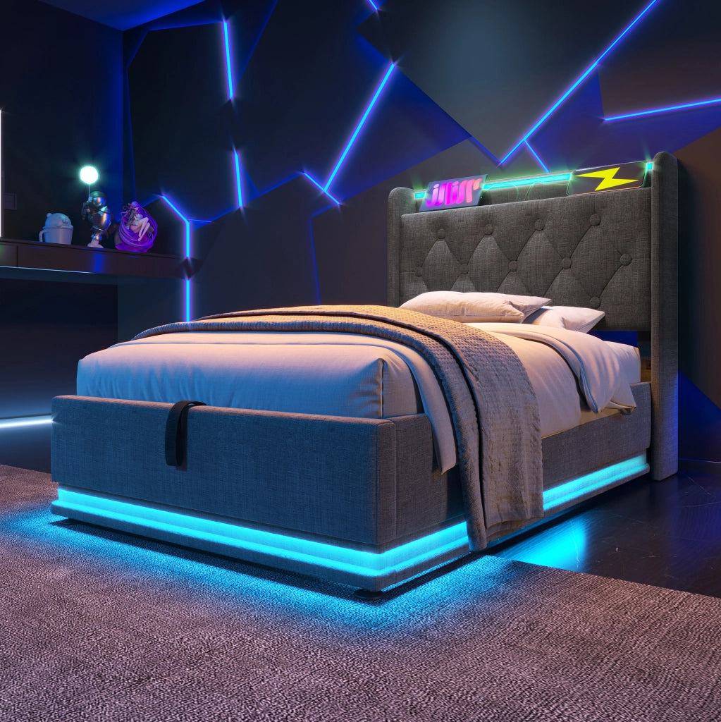 Letto singolo 90x200 cm con contenitore; LED 360°; USB-C e testiera in lino grigio