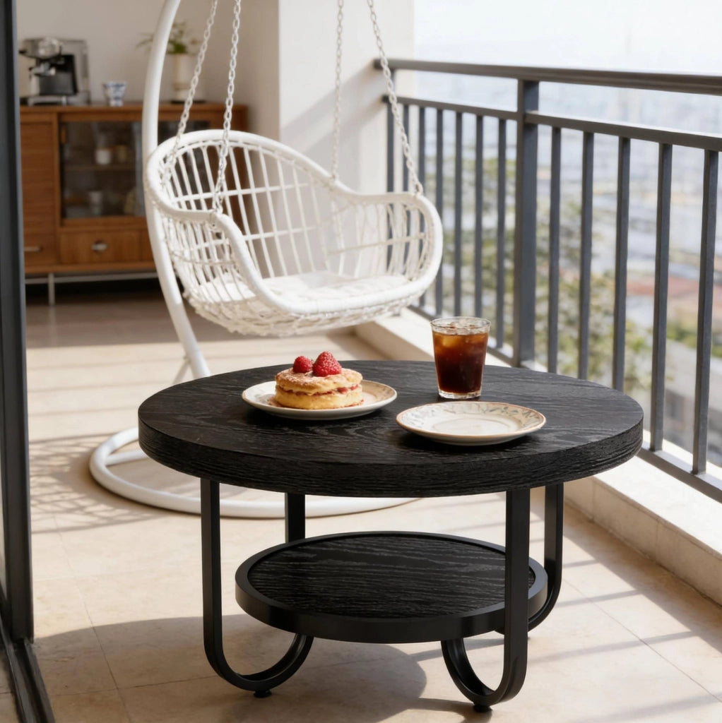 Tavolino da caff¨¨ rotondo a 2 livelli ?79 cm in MDF e metallo nero