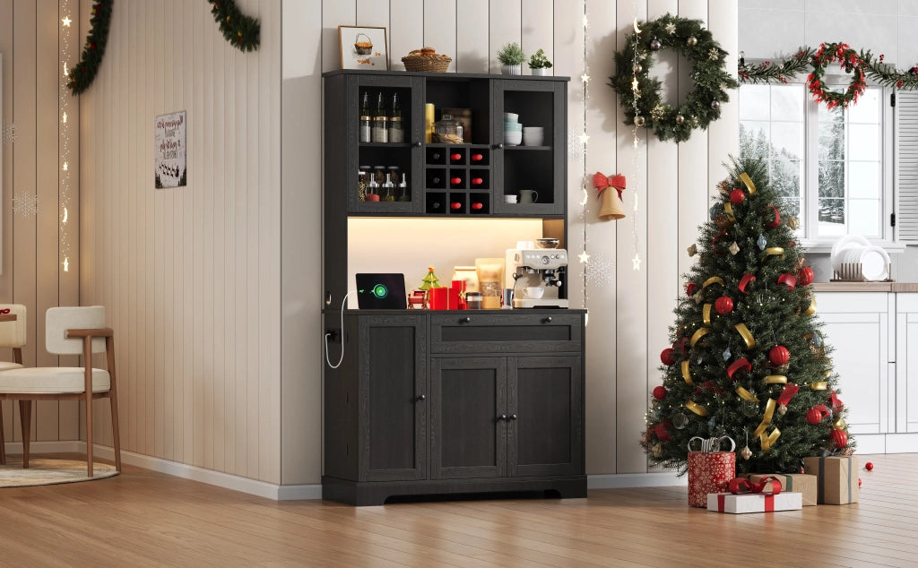 Armadio da cucina alto 180x105x40 cm con porta, ripiano spezie integrato, mensole regolabili, illuminazione LED a cambio colore e presa elettrica