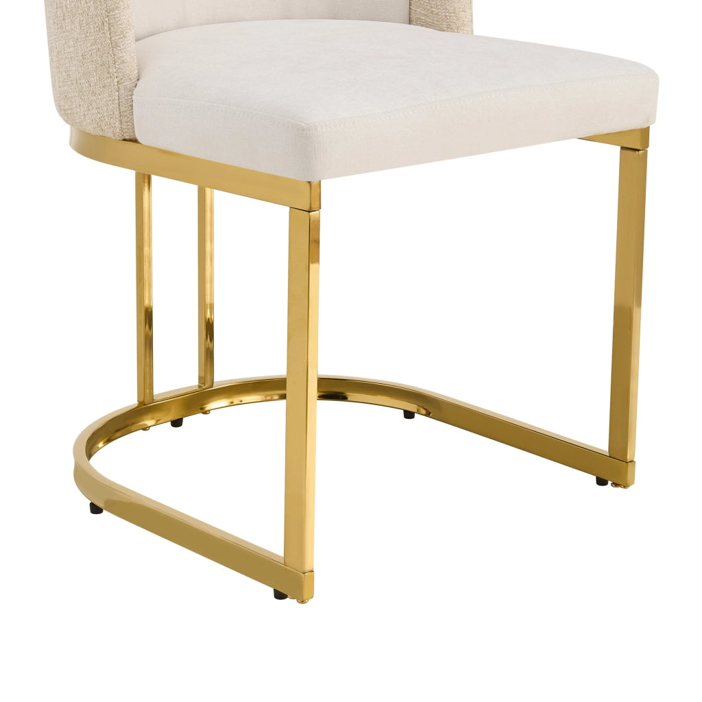 Set di 4 sedie con doppio schienale in ciniglia beige e gambe in metallo oro