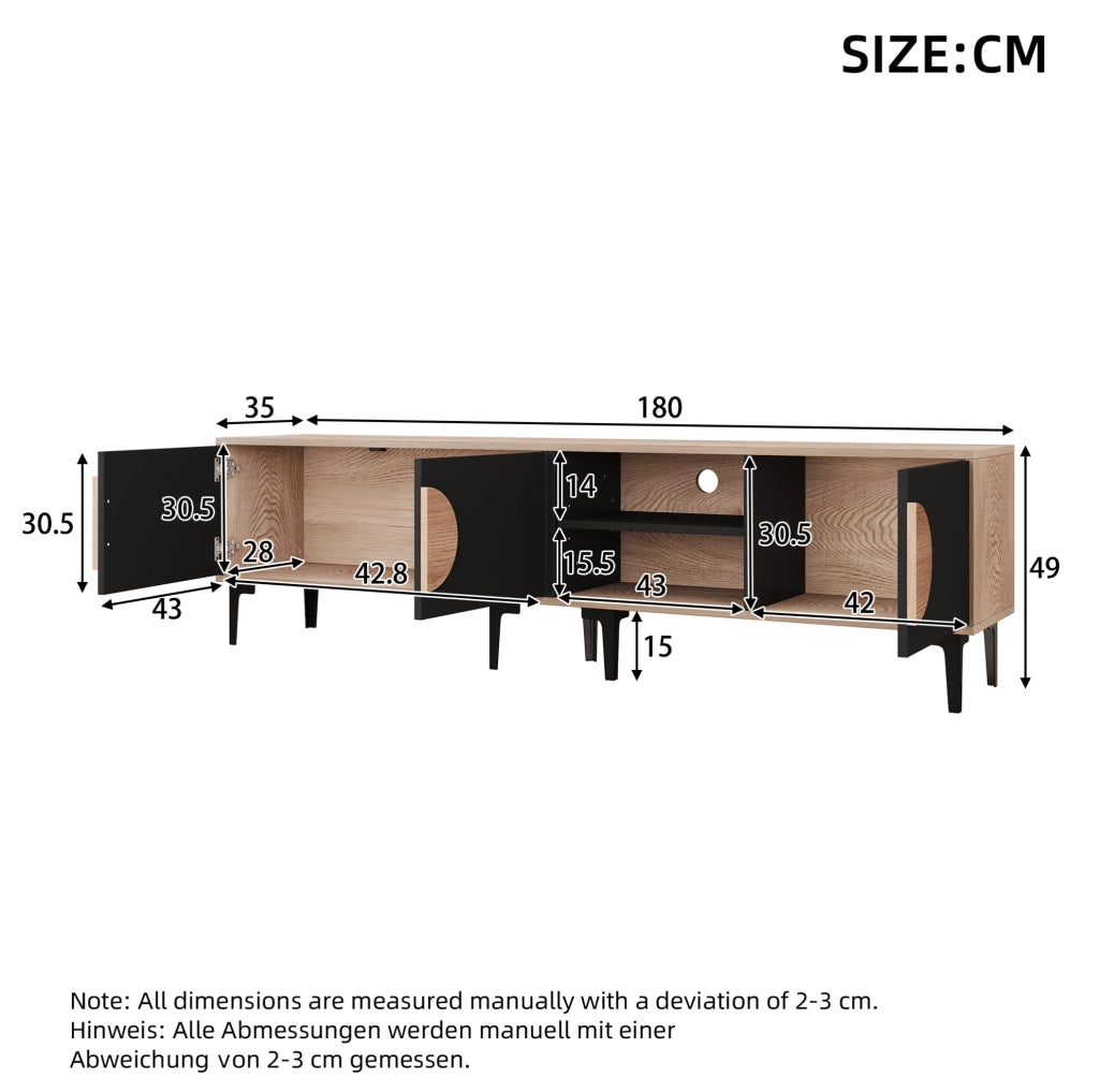 Mobile TV 180x35x49 cm con 3 ante e ripiani, rovere e nero