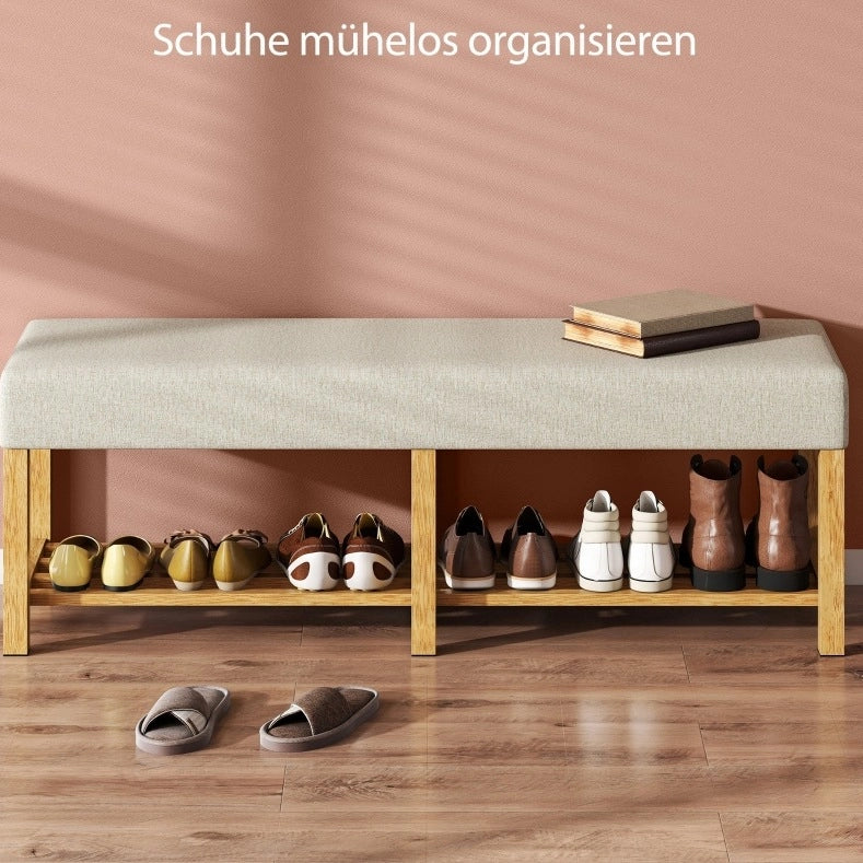 Panca porta scarpe in legno massiccio 140 cm con seduta imbottita crema, moderna panca per ingresso