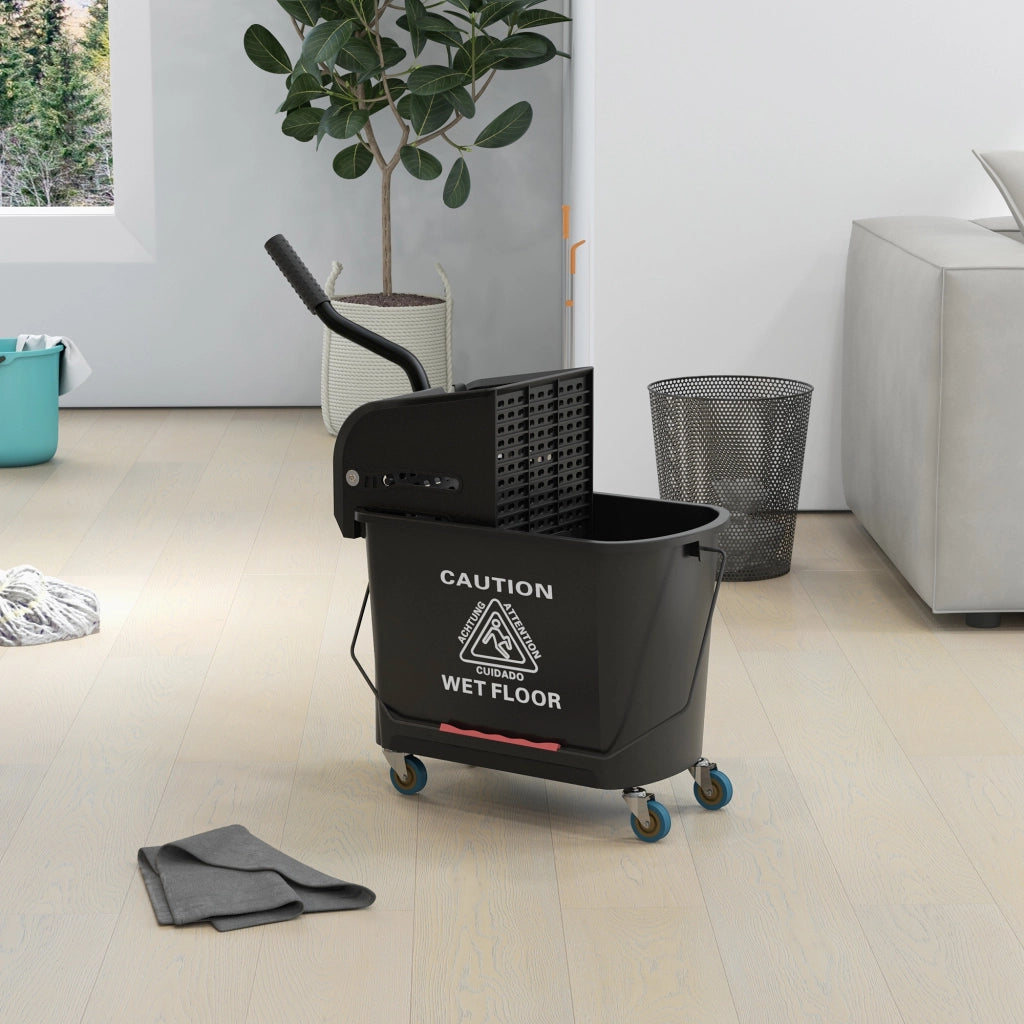 Secchio lavapavimenti 20 L con strizzatore estraibile e ruote, carrello pulizie in plastica con divisorio e manico, nero