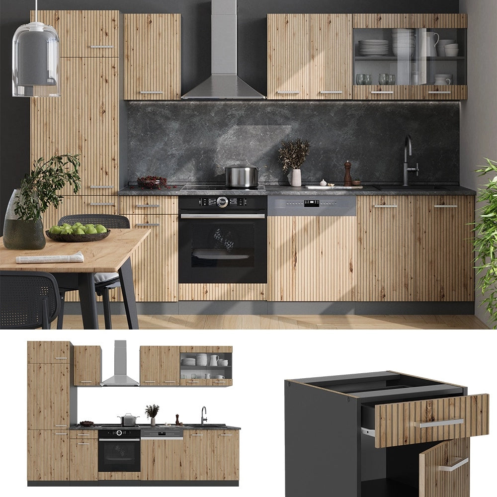 Cucina componibile R-Line Rovere artigianale/Antracite 300 cm, PL Marmo Vicco