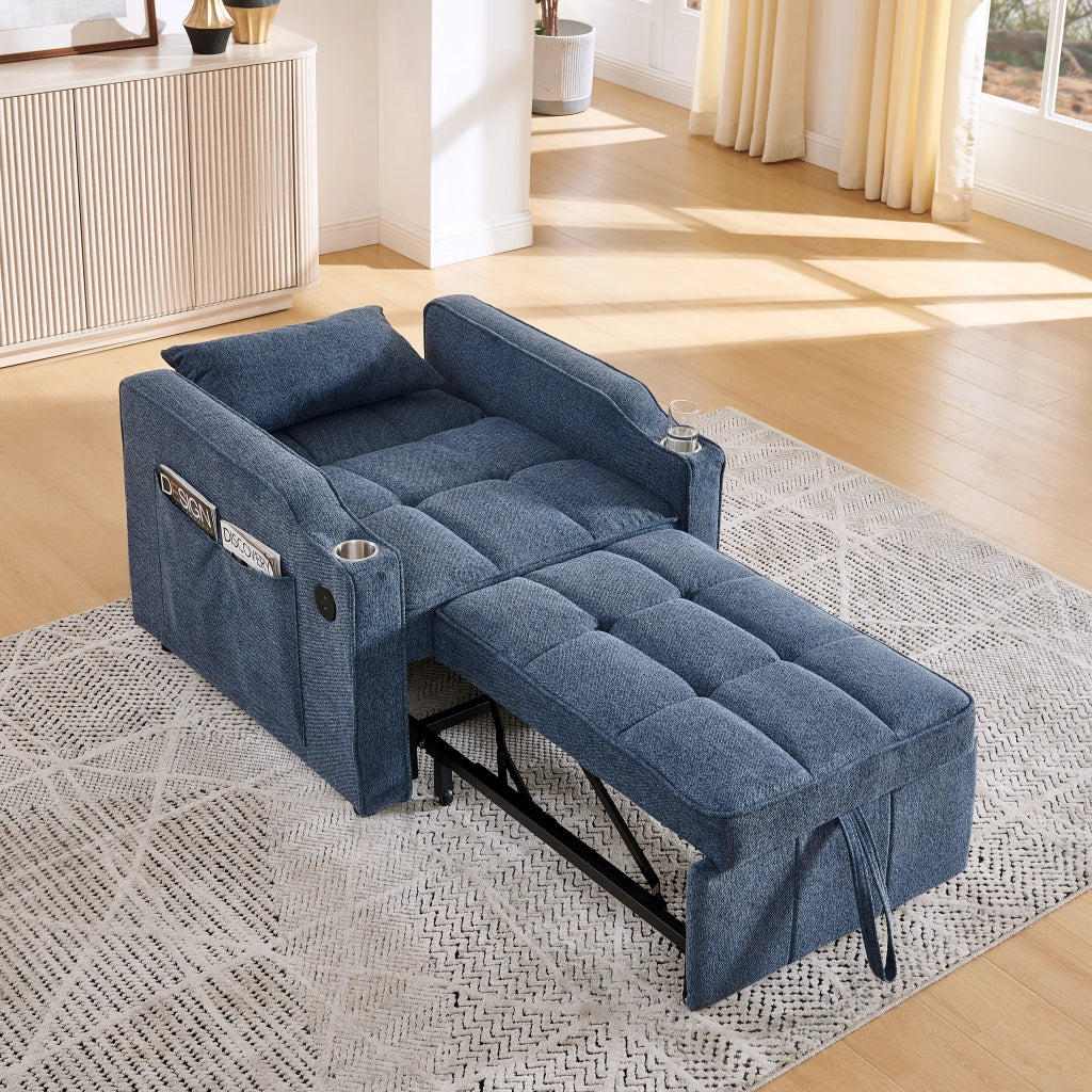 Poltrona letto 3 in 1 con USB e USB-C; schienale regolabile e tasche; blu navy