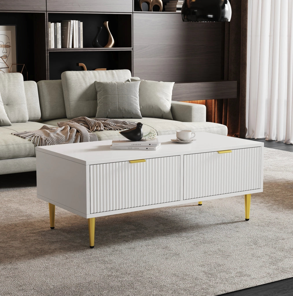 Tavolino da caff¨¨ 100x50x40 cm con 2 cassetti in MDF bianco e oro
